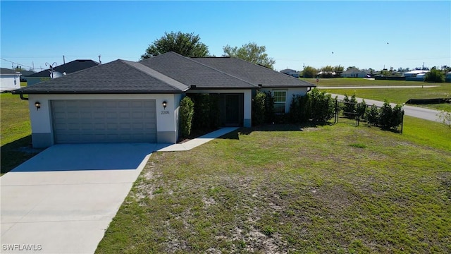 single story home with stucco siding, an attached garage, concrete driveway, and a front lawn