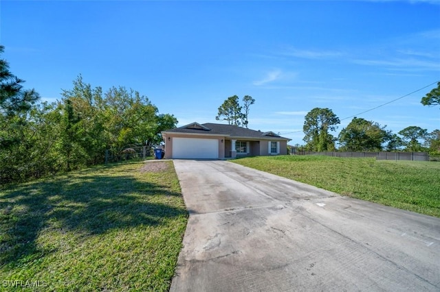 single story home featuring fence, an attached garage, stucco siding, concrete driveway, and a front lawn