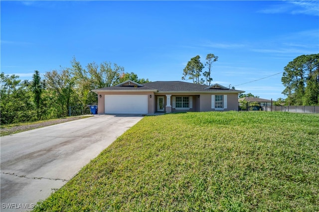 ranch-style home with a front lawn, fence, stucco siding, a garage, and driveway