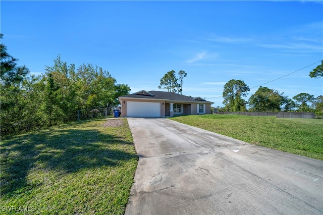 ranch-style home featuring stucco siding, fence, concrete driveway, an attached garage, and a front yard