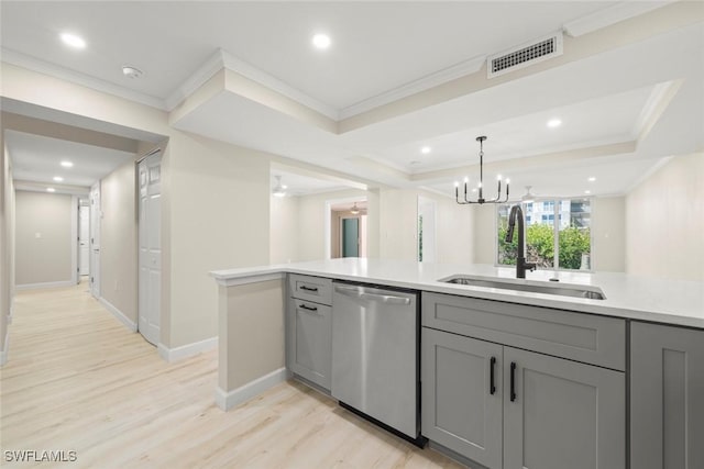 200 Periwinkle Way Unit 132, Sanibel, FL 33957 - kitchen featuring a sink, dishwasher, gray cabinetry, visible vents, and ornamental molding