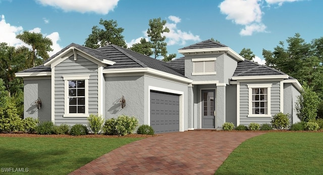 view of front facade featuring stucco siding, a front lawn, decorative driveway, and a garage