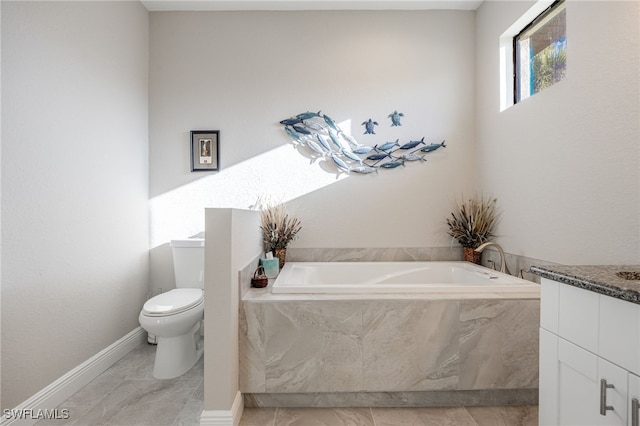 full bathroom with vanity, toilet, a bath, and baseboards