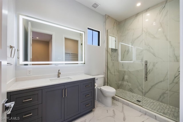 full bathroom with a marble finish shower, visible vents, toilet, marble finish floor, and vanity