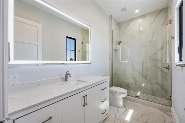 full bath with vanity, visible vents, a marble finish shower, toilet, and marble finish floor