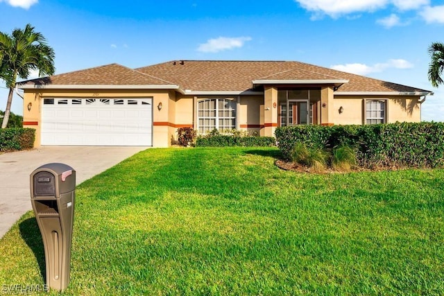ranch-style home featuring a front lawn, driveway, a garage, and stucco siding