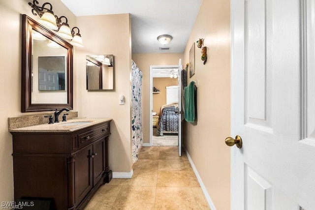 full bathroom with vanity, baseboards, visible vents, tile patterned flooring, and curtained shower