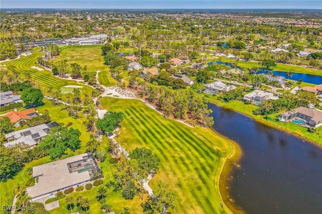 bird's eye view with a residential view, golf course view, and a water view