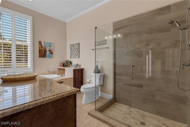 full bath featuring toilet, a stall shower, crown molding, tile patterned flooring, and vanity