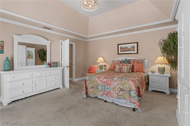 bedroom with visible vents, baseboards, light colored carpet, ornamental molding, and an inviting chandelier