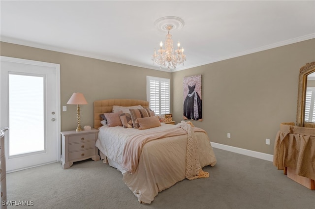 bedroom featuring light carpet, a notable chandelier, crown molding, and baseboards