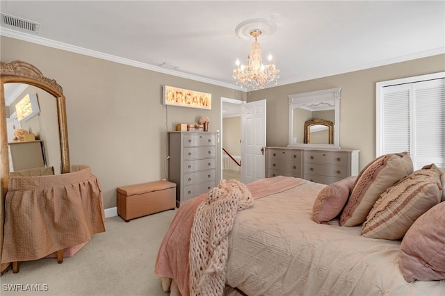 bedroom featuring visible vents, carpet floors, a chandelier, and ornamental molding