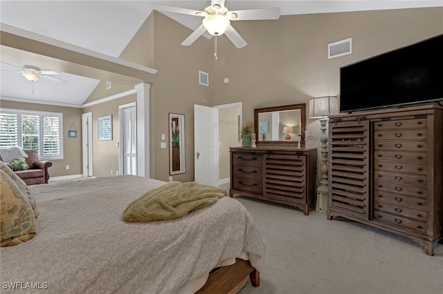 carpeted bedroom featuring visible vents, high vaulted ceiling, crown molding, and ceiling fan