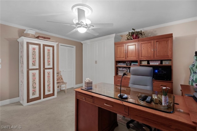 office with light carpet, a ceiling fan, and ornamental molding