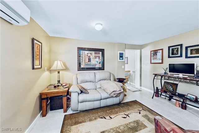 living area featuring tile patterned floors, baseboards, and a wall unit AC