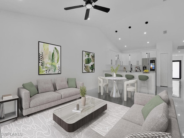 living area featuring recessed lighting, visible vents, lofted ceiling, and ceiling fan