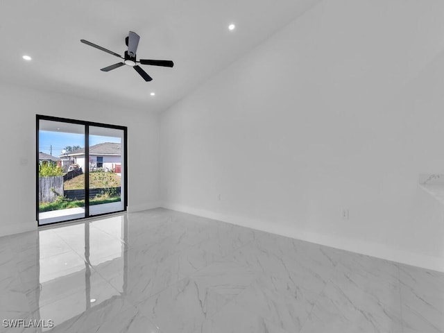 spare room with recessed lighting, baseboards, marble finish floor, and a ceiling fan