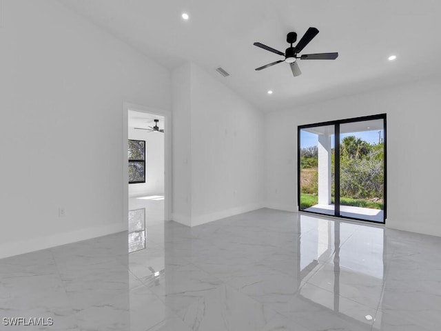 spare room featuring recessed lighting, visible vents, marble finish floor, and baseboards