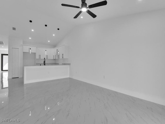 unfurnished living room featuring visible vents, marble finish floor, recessed lighting, lofted ceiling, and ceiling fan