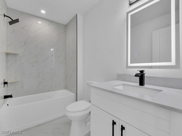 bathroom featuring vanity, recessed lighting, shower / bathing tub combination, toilet, and marble finish floor