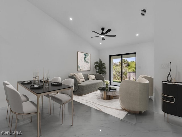 living room featuring visible vents, recessed lighting, marble finish floor, and lofted ceiling