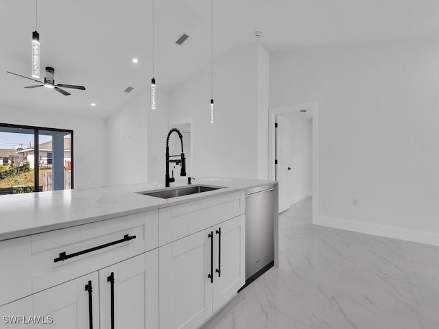 kitchen featuring visible vents, dishwasher, marble finish floor, white cabinetry, and a sink