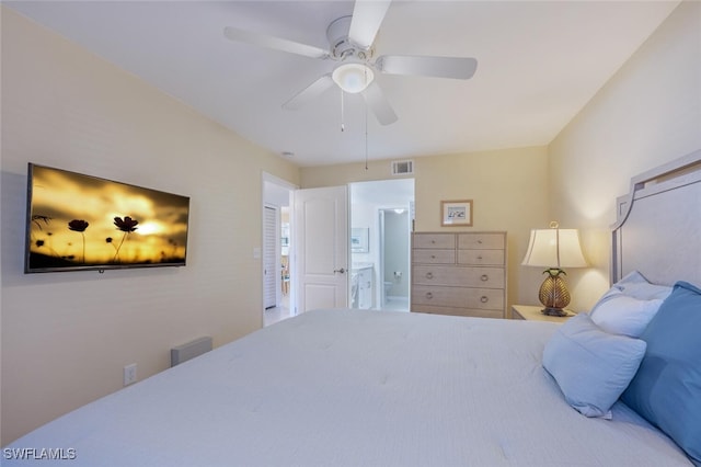 bedroom with visible vents, ensuite bath, and ceiling fan