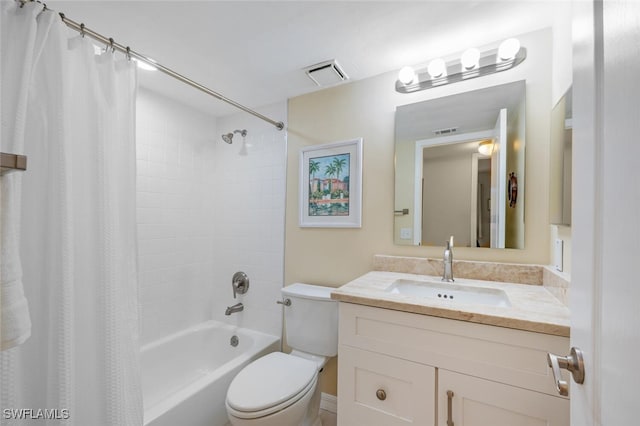 bathroom with visible vents, shower / bath combo with shower curtain, toilet, and vanity