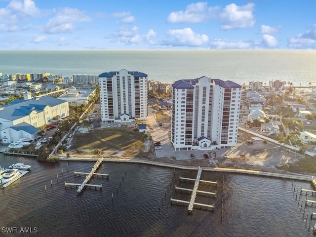 aerial view featuring a city view and a water view