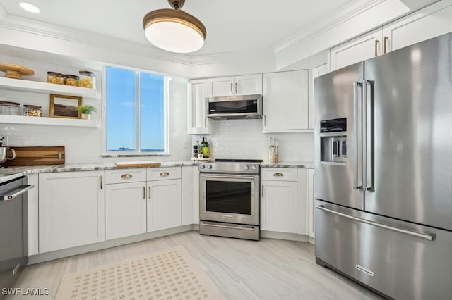 kitchen with open shelves, ornamental molding, appliances with stainless steel finishes, white cabinetry, and backsplash