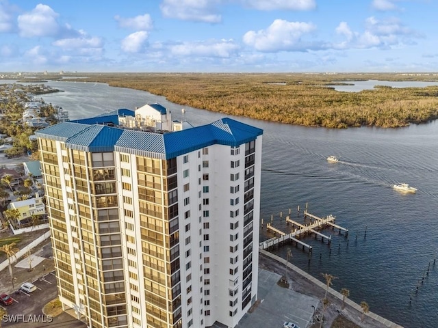 drone / aerial view featuring a water view