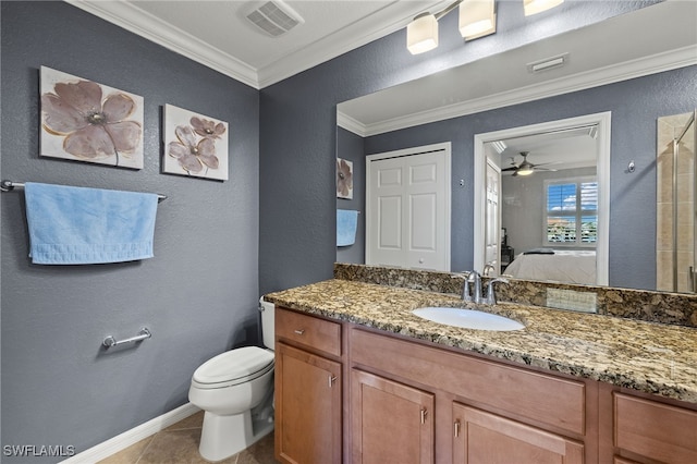 bathroom featuring vanity, visible vents, ensuite bath, crown molding, and toilet