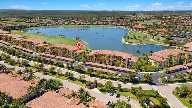 aerial view featuring a water view and a residential view