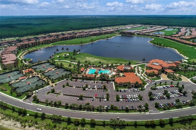 drone / aerial view with a water view