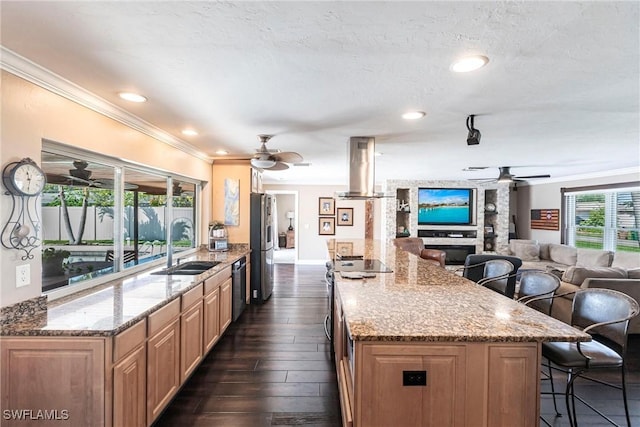 kitchen with a ceiling fan, a sink, dishwasher, a kitchen bar, and island range hood