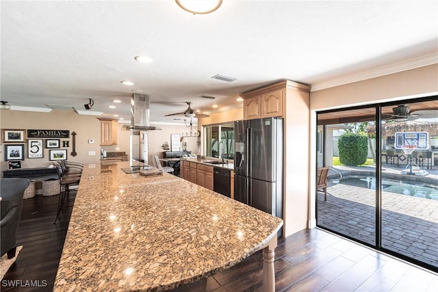 kitchen with black dishwasher, ceiling fan, stainless steel refrigerator with ice dispenser, and island range hood