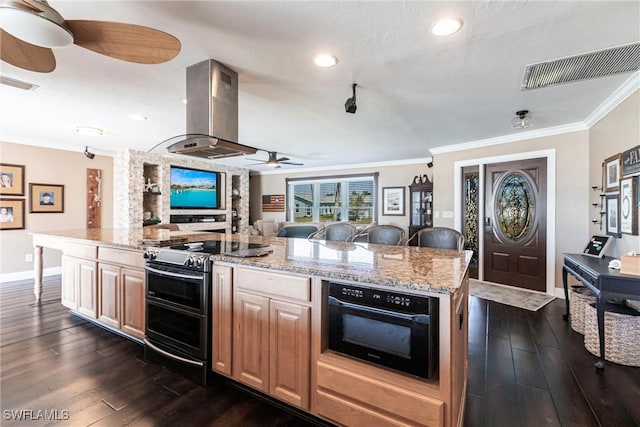 kitchen with visible vents, ceiling fan, double oven range, ornamental molding, and island range hood