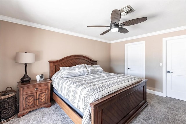 bedroom featuring light carpet, a ceiling fan, baseboards, and ornamental molding