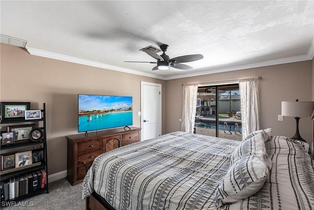 carpeted bedroom with baseboards, ornamental molding, a ceiling fan, and access to outside