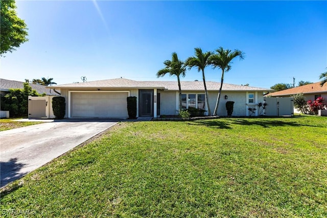 ranch-style home with fence, concrete driveway, a front yard, stucco siding, and a garage