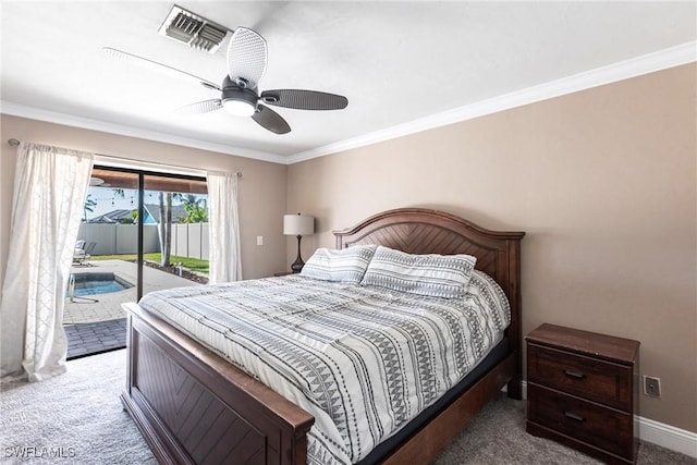 bedroom with access to exterior, carpet flooring, visible vents, and ornamental molding