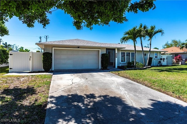 ranch-style house with fence, a front lawn, an attached garage, and a gate