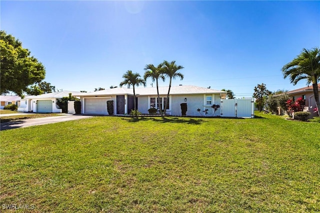 ranch-style home with a garage, driveway, a front yard, and fence