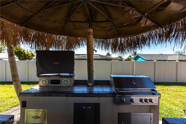 view of patio / terrace featuring an outdoor kitchen, a fenced backyard, and a grill