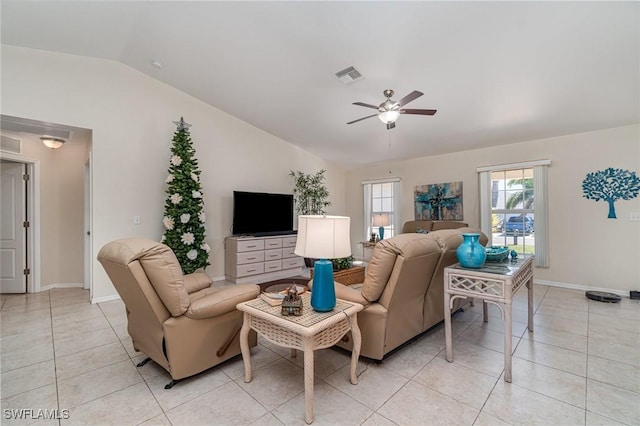 417 NW 3rd Ter, Cape Coral, FL 33993 - living room with vaulted ceiling, light tile patterned floors, visible vents, and ceiling fan