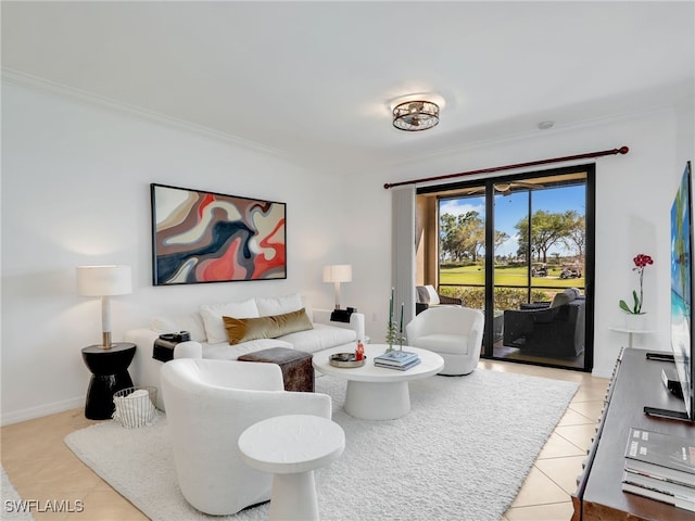 tiled living room with baseboards and ornamental molding