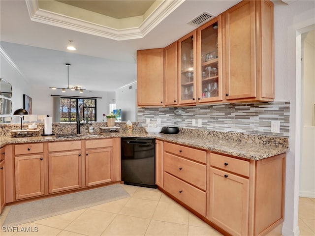 kitchen with a sink, light stone counters, crown molding, a raised ceiling, and dishwasher