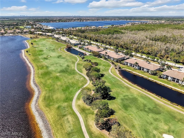 bird's eye view with golf course view and a water view