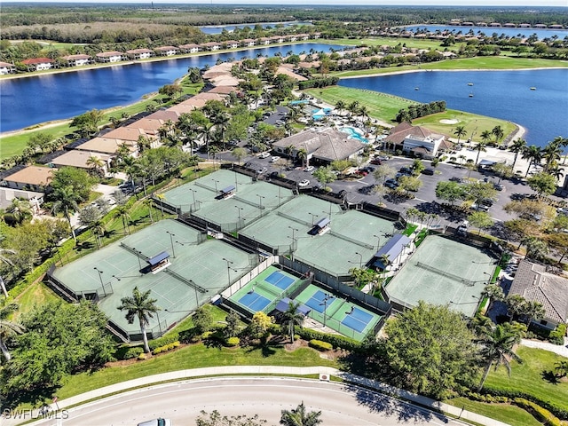 drone / aerial view with a water view