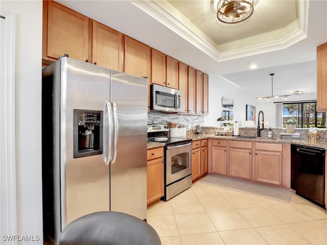 kitchen with a tray ceiling, a sink, decorative backsplash, stainless steel appliances, and crown molding